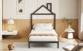 Twin Size Metal Platform Bed With House Shaped Headboard Design, Black Black Metal