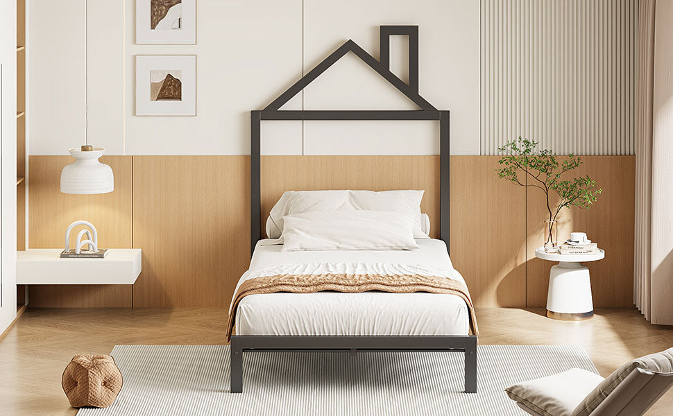 Twin Size Metal Platform Bed With House Shaped Headboard Design, Black Black Metal