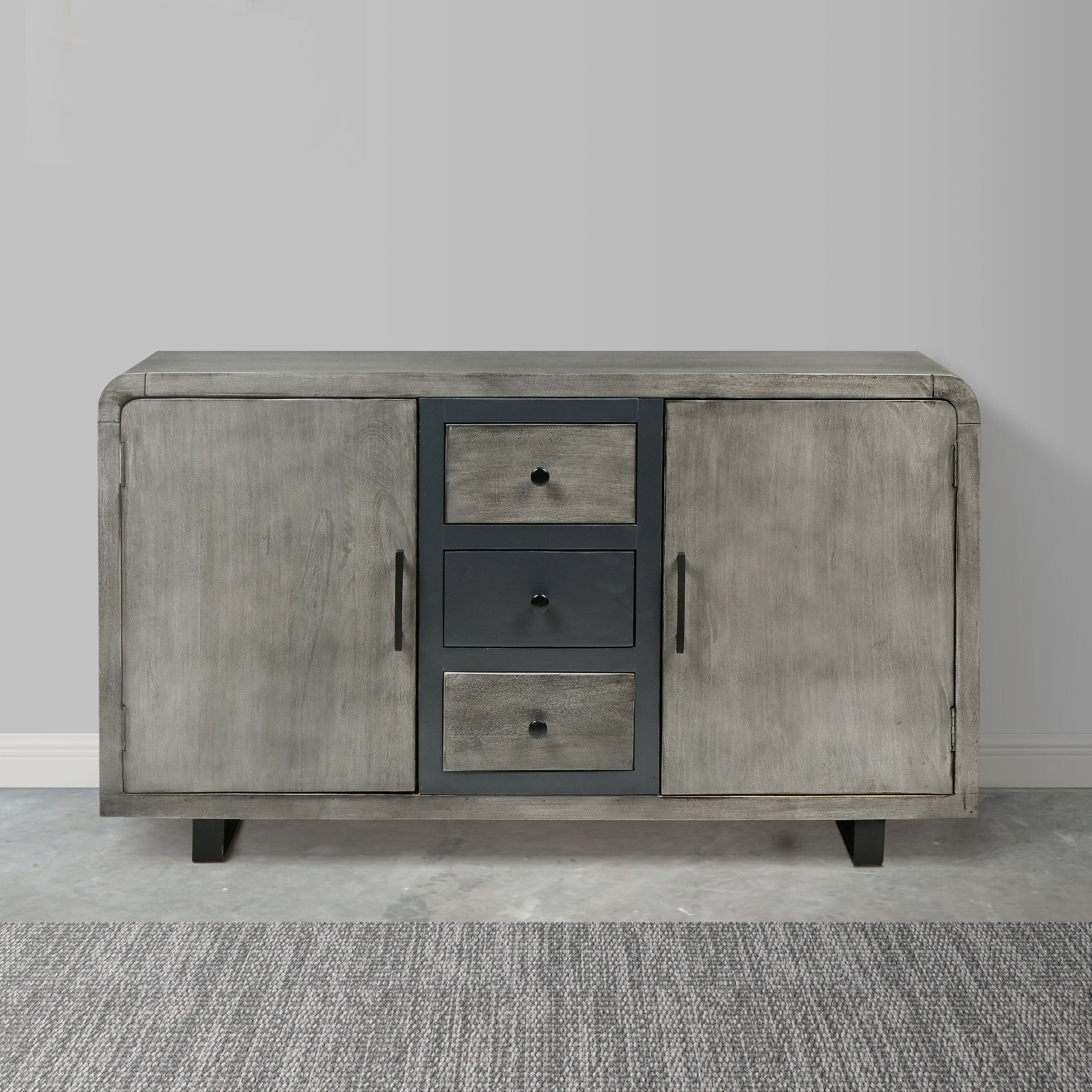 55 Inch Industrial Style Sideboard Console With 2 Cabinets, Iron Handles, Matte Gray Mango Wood Gray Metal & Wood