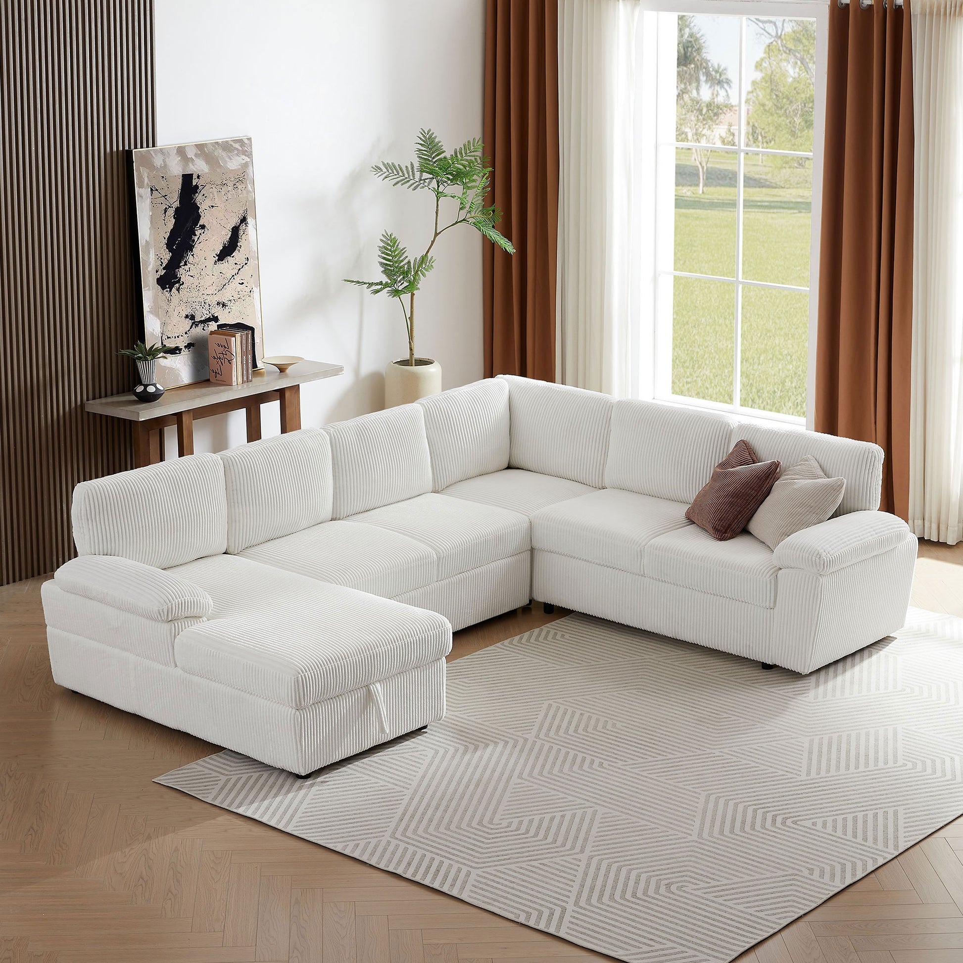 Oversized Modular Storage Sectional Sofa Couch For Home Apartment Office Living Room,Free Combination L U Shaped Corduroy Upholstered Deep Seat Furniture Convertible Sleeper Sofabed Left White Corduroy