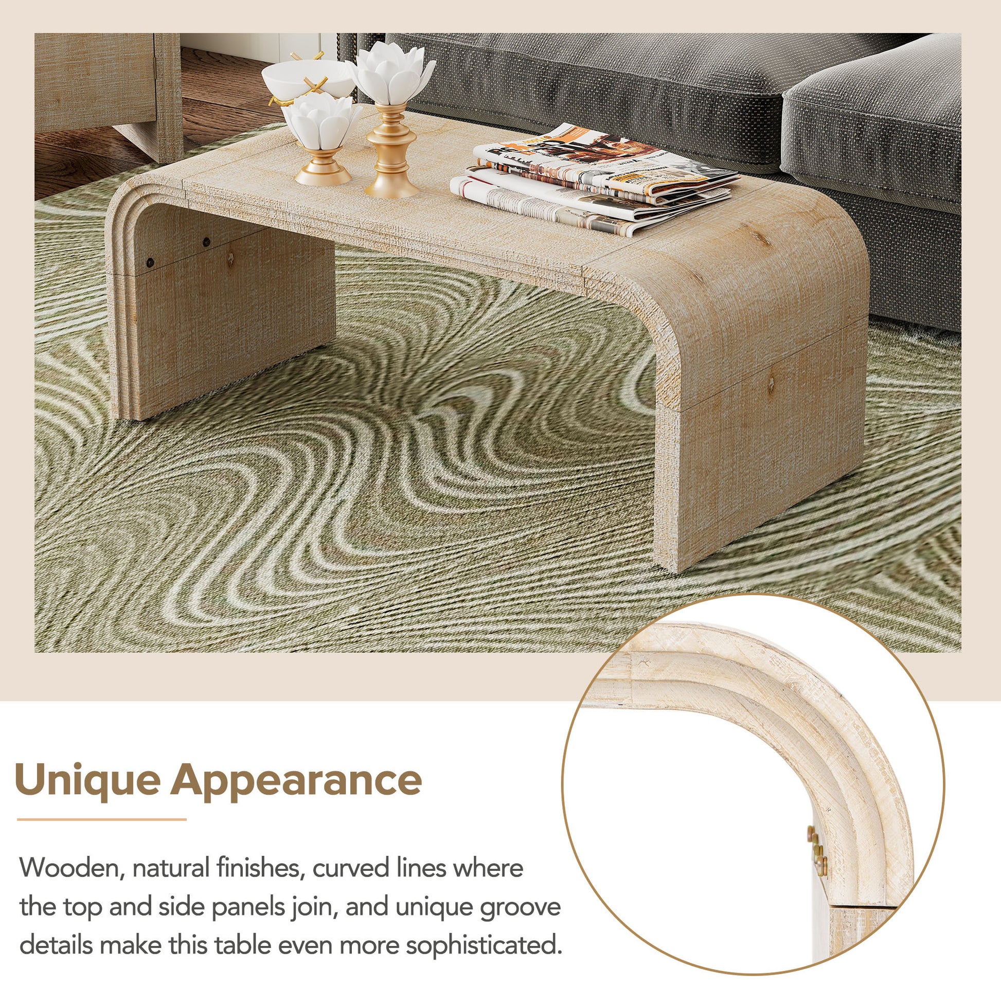 Minimalist Coffee Table With Curved Art Deco Design For Living Room Or Dining Room Natural Wood Wash Natural Wood Wash Mdf