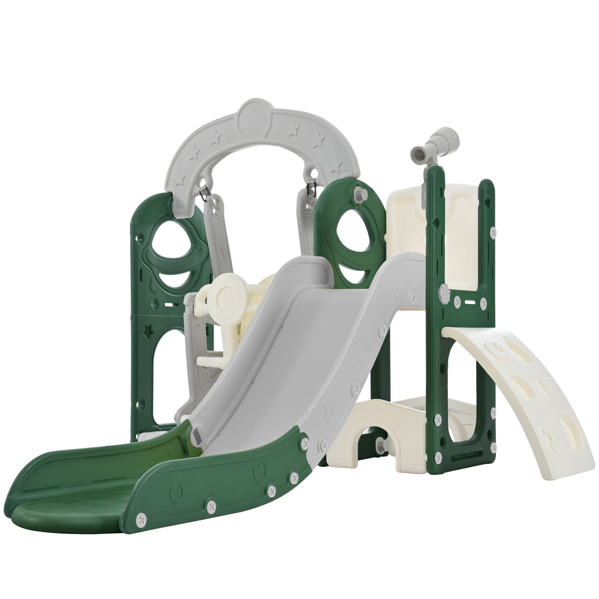 Toddler Slide And Swing Set 5 In 1, Kids Playground Climber Slide Playset With Telescope, Freestanding Combination For Babies Indoor & Outdoor Green Hdpe