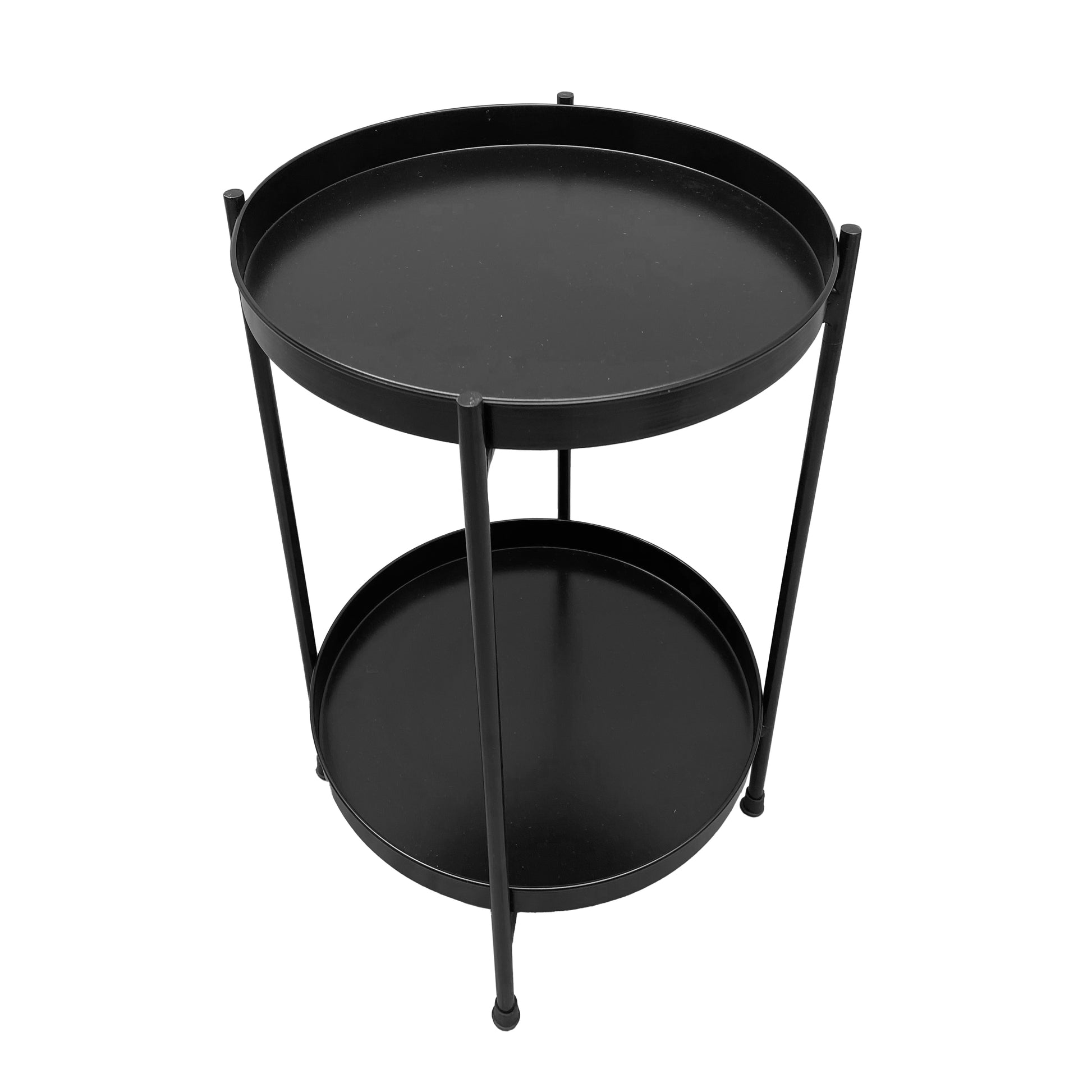 15 Inch Modern Side End Table, Metal Round Tray Top, Foldable Legs, Black Black Iron