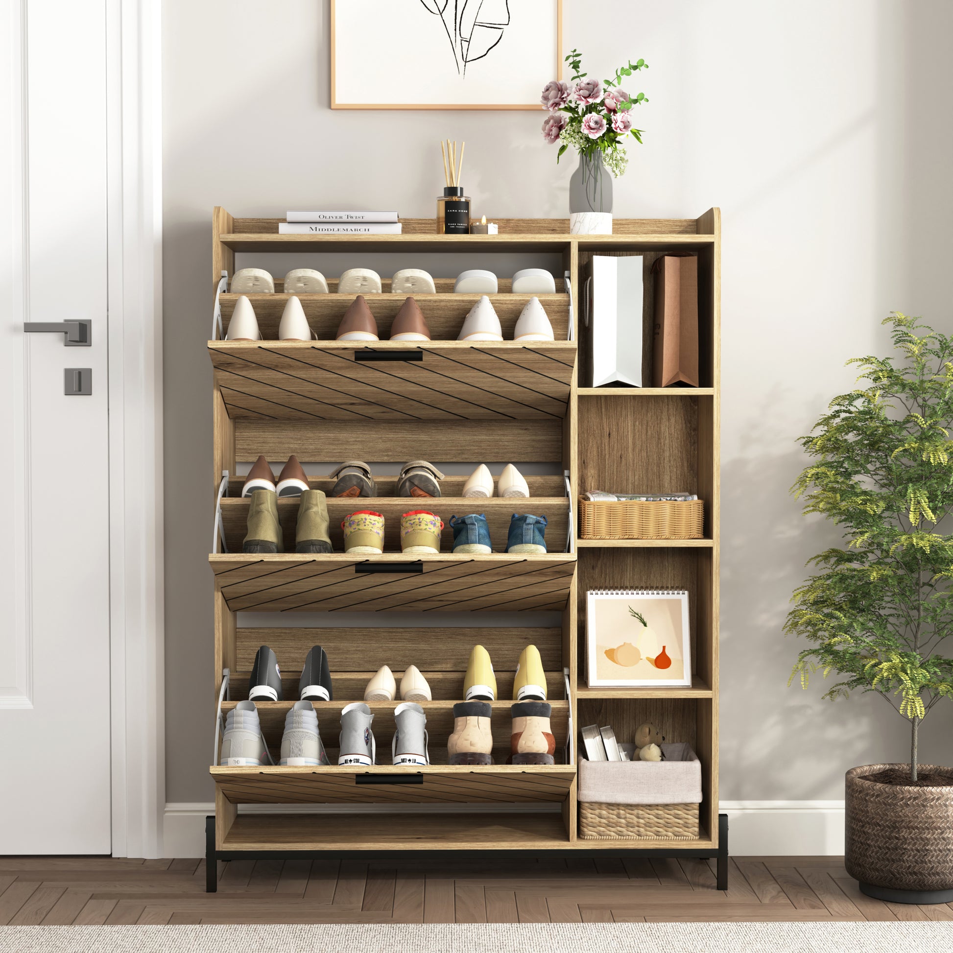 Shoe Cabinet With Flip Drawers Open Shelves, Modern Entryway Shoe