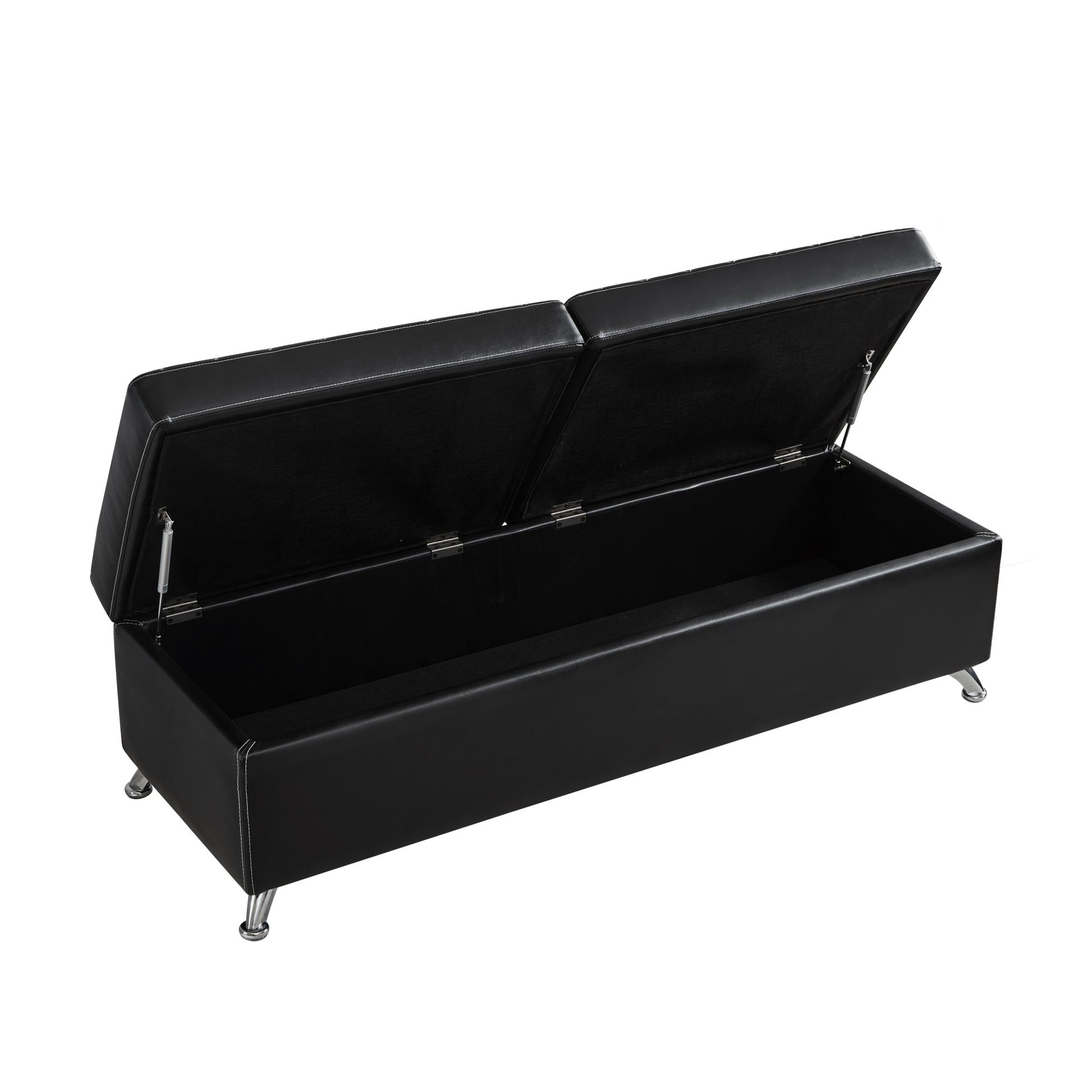 56.7" Bed Bench With Storage Black Leather Black Pu