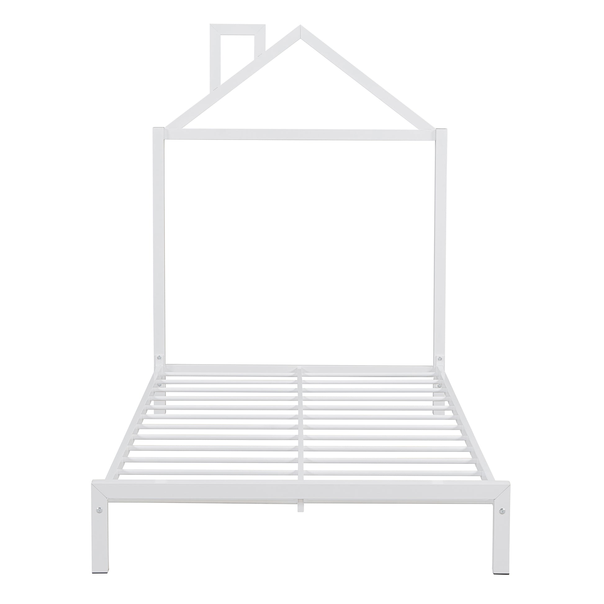 Twin Size Metal Platform Bed With House Shaped Headboard Design, White White Metal