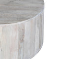 36 Inch Coffee Table, Handcrafted Drum Shape, Sandblasted Washed White Mango Wood White Solid Wood