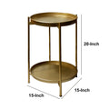 20 Inch High Round Side End Table With 2 Tier Iron Frame, Matte Gold Gold Iron