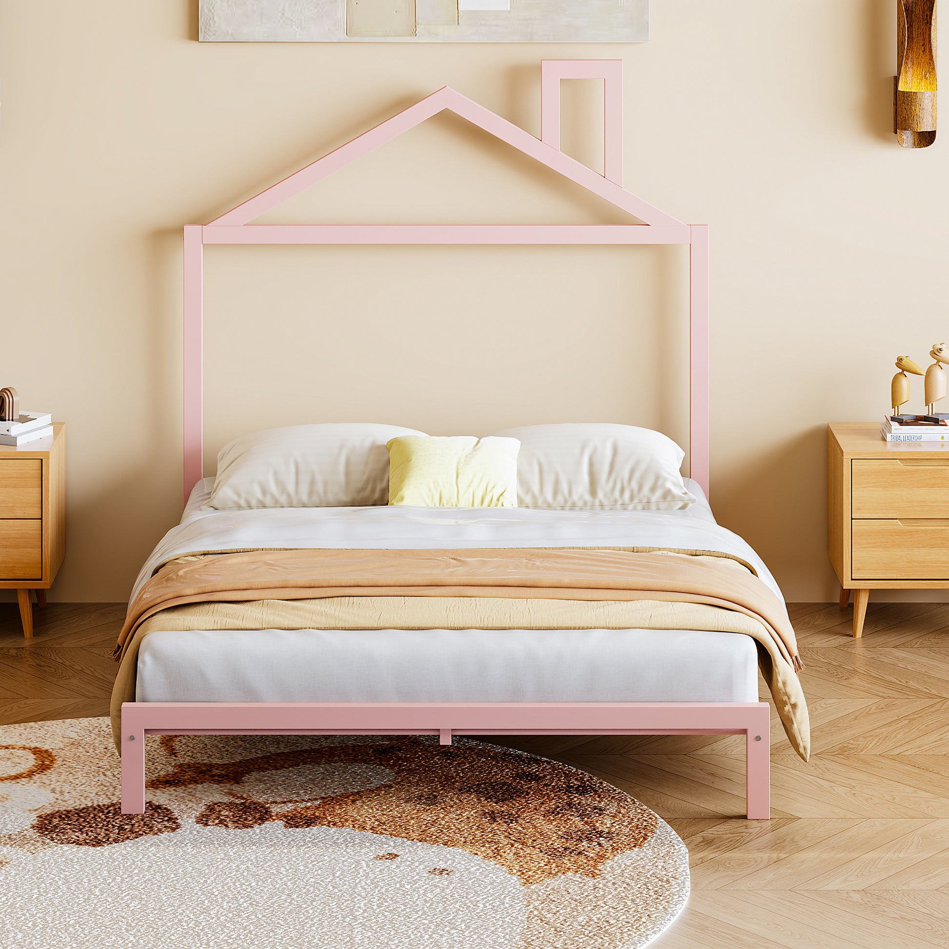 Full Size Metal Platform Bed With House Shaped Headboard Design, Pink Pink Metal