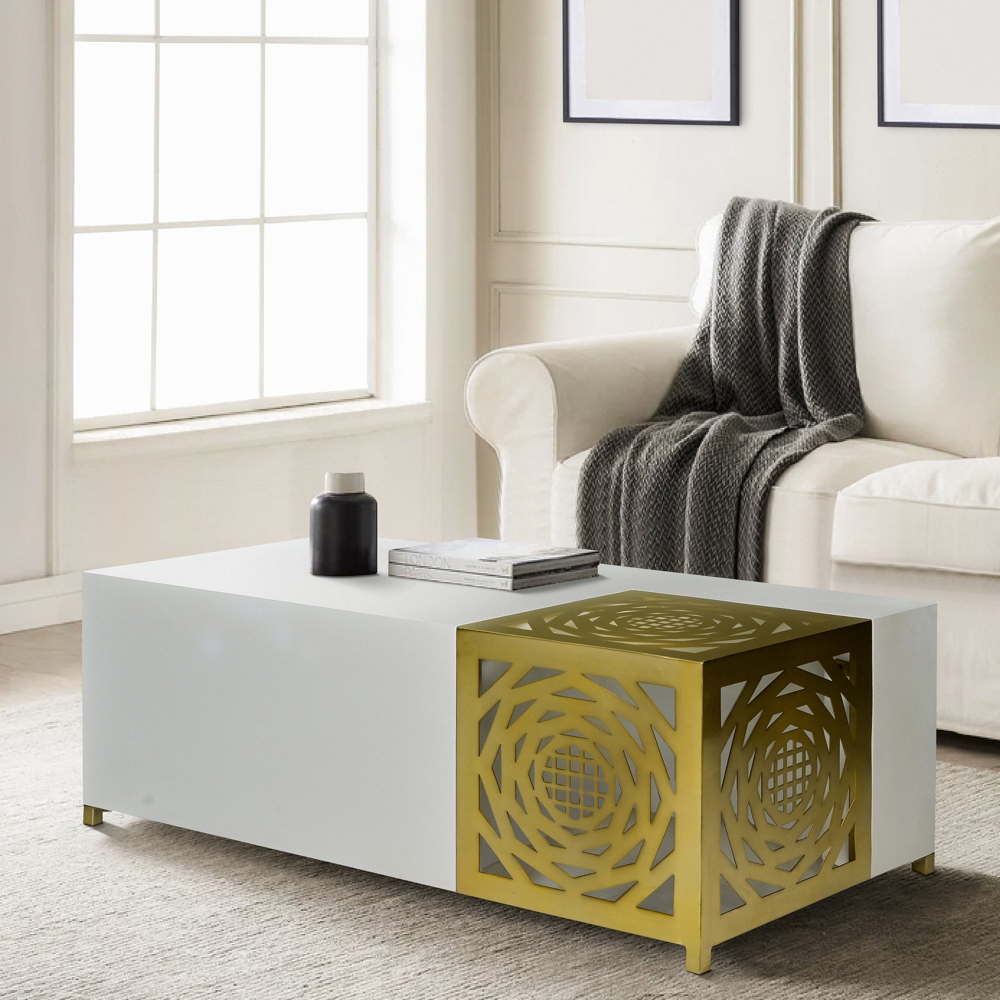 48 Inch Rectangular Modern Coffee Table With Geometric Cut Out Design, White And Brass Gold White Metal & Wood