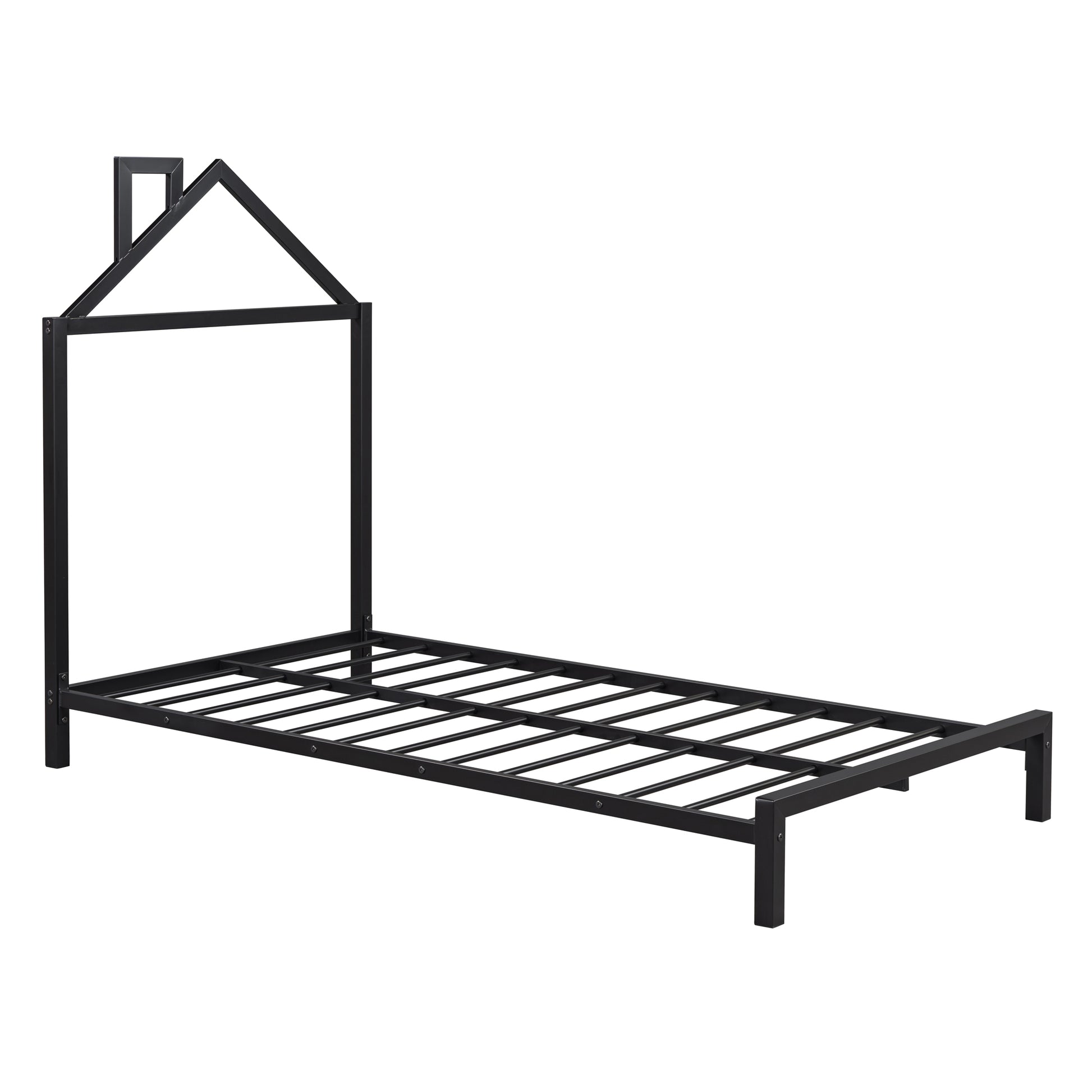 Twin Size Metal Platform Bed With House Shaped Headboard Design, Black Black Metal