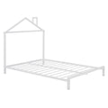 Full Size Metal Platform Bed With House Shaped Headboard Design, White White Metal