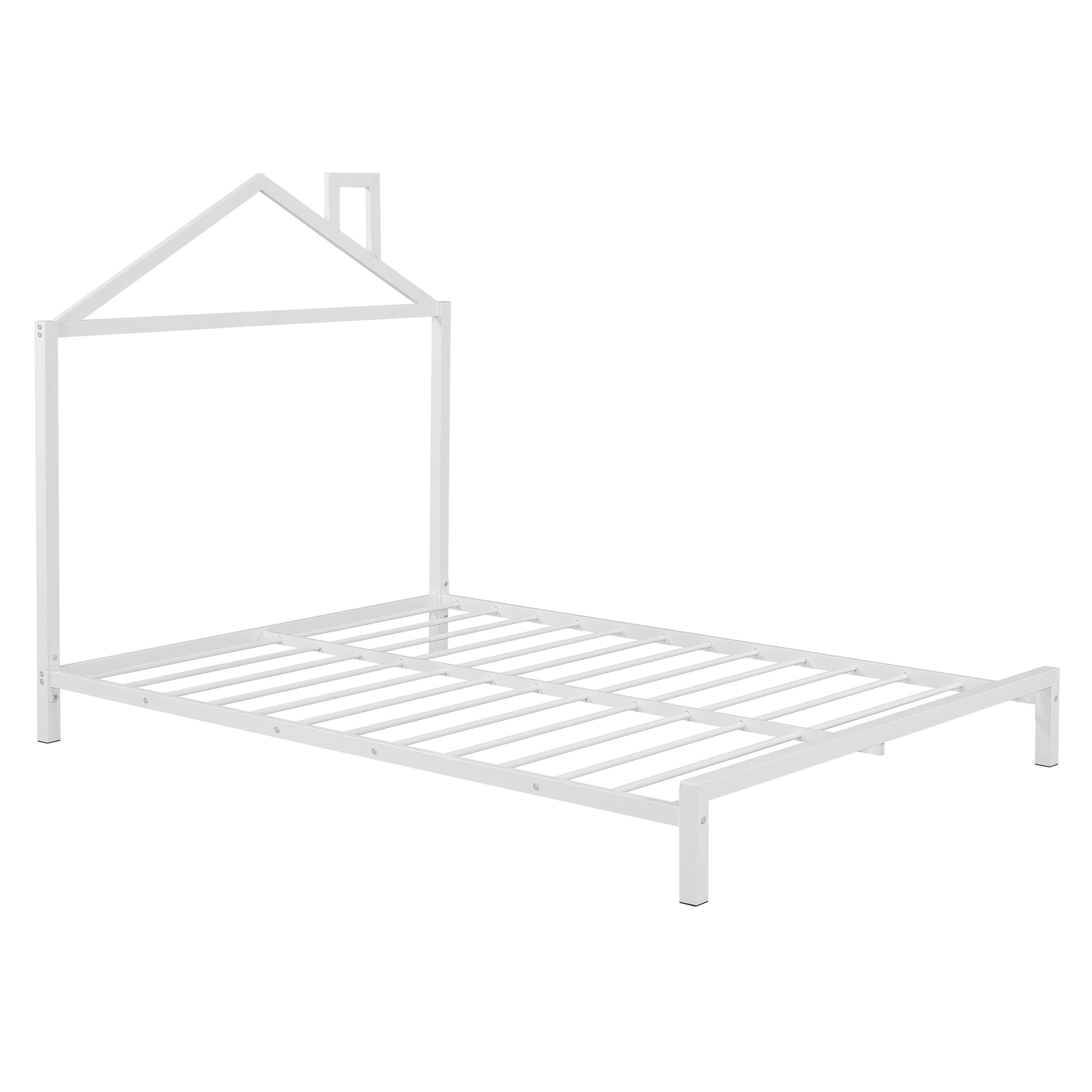 Full Size Metal Platform Bed With House Shaped Headboard Design, White White Metal