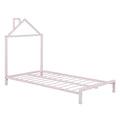 Twin Size Metal Platform Bed With House Shaped Headboard Design, Pink Pink Metal