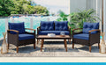 4 Piece Garden Furniture, Patio Seating Set, Pe Rattan Outdoor Sofa Set, Wood Table And Legs, Brown And Blue Yes Blue Shredded Polyurethane Foam Polyester,Wicker