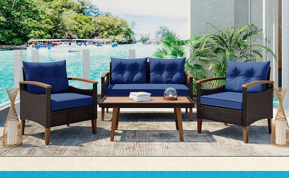4 Piece Garden Furniture, Patio Seating Set, Pe Rattan Outdoor Sofa Set, Wood Table And Legs, Brown And Blue Yes Blue Shredded Polyurethane Foam Polyester,Wicker