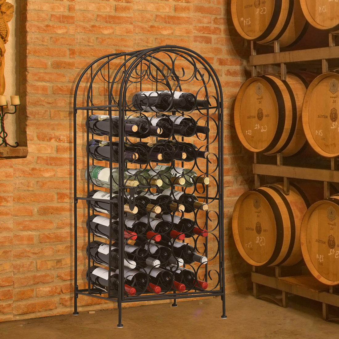 Homcom 35 Bottle Wrought Iron Wine Rack Cabinet With Lock Black Black Iron