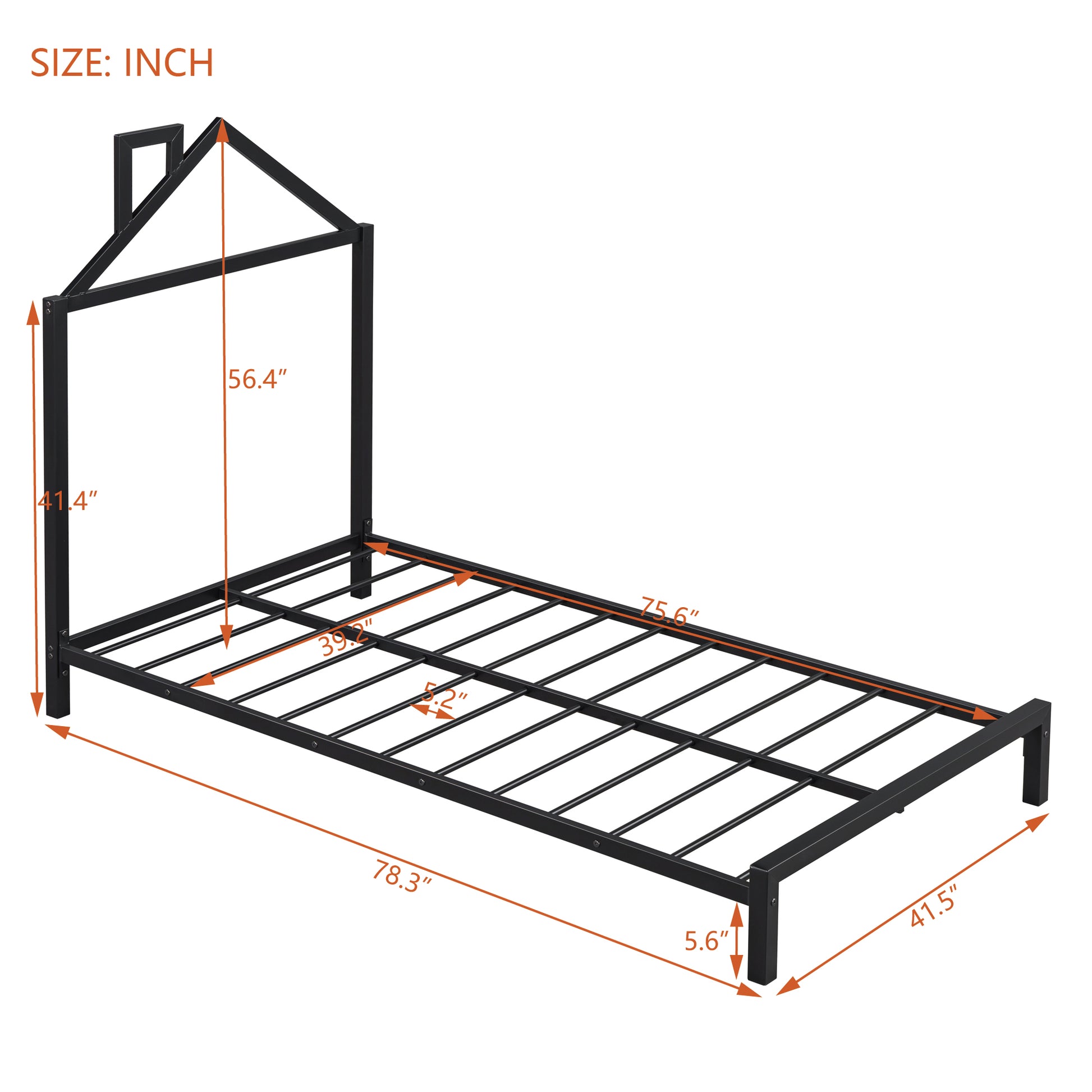 Twin Size Metal Platform Bed With House Shaped Headboard Design, Black Black Metal