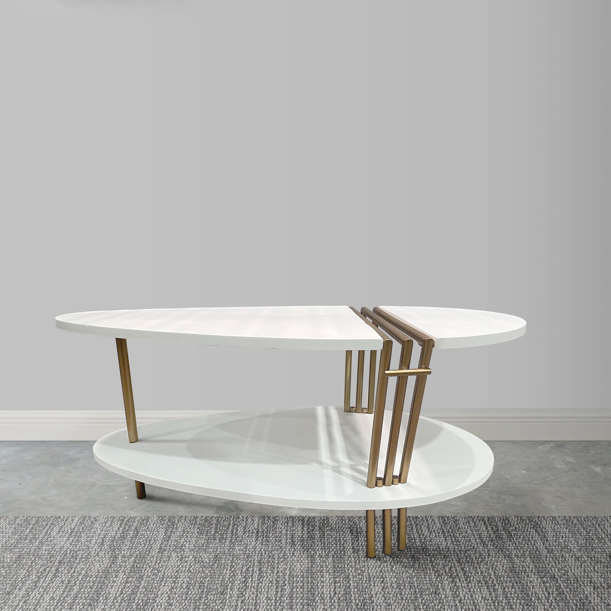 36 Inch Modern Coffee Table, Oval Elliptical Shape, White Mango Wood With Antique Brass Antique Brass White Metal & Wood