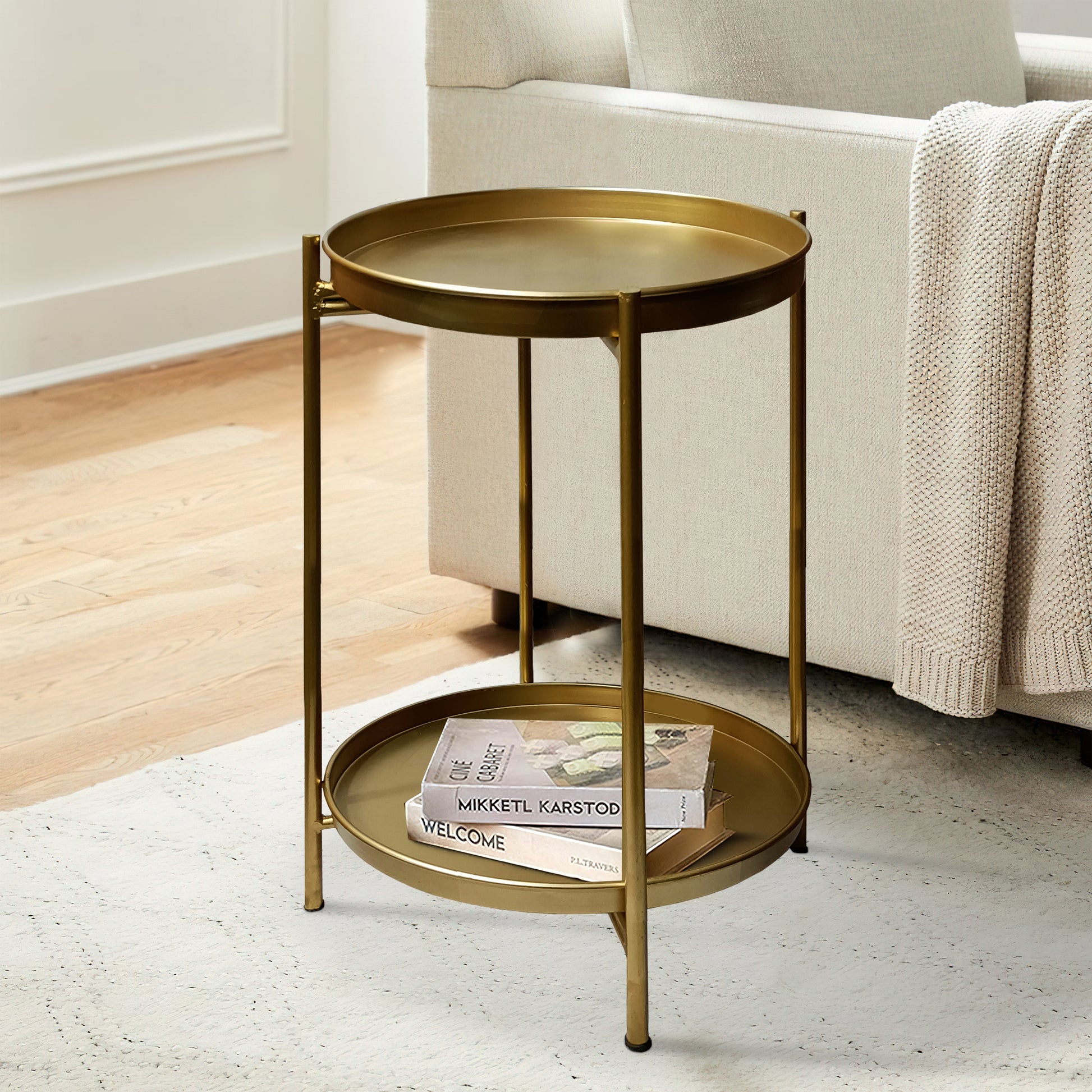 20 Inch High Round Side End Table With 2 Tier Iron Frame, Matte Gold Gold Iron