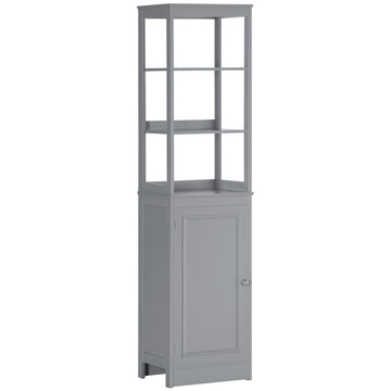 Kleankin Tall Bathroom Storage Cabinet, Freestanding Linen Tower With 3 Tier Open Shelf And Door, Slim Floor Organizer, Grey Gray Mdf