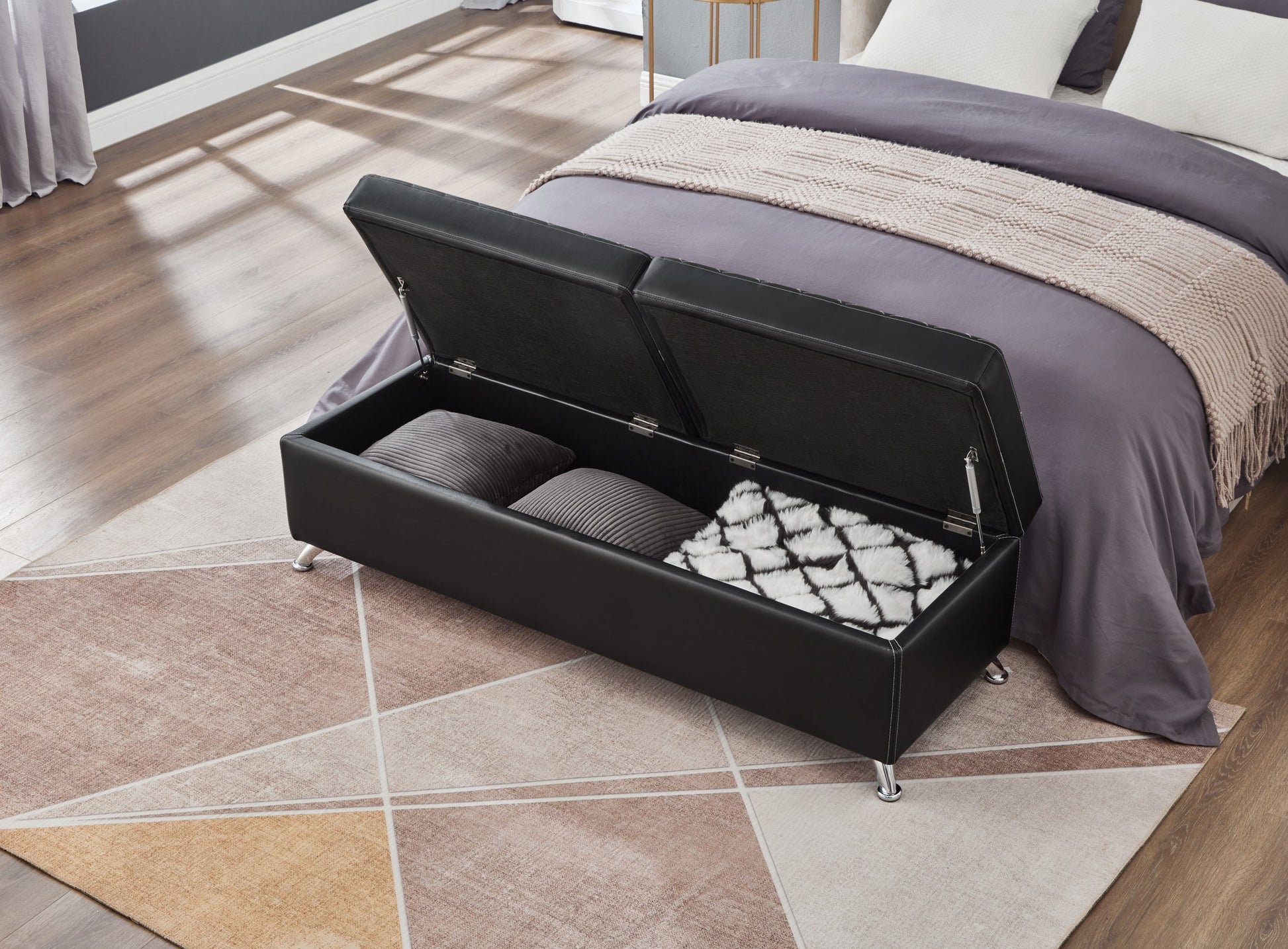 56.7" Bed Bench With Storage Black Leather Black Pu