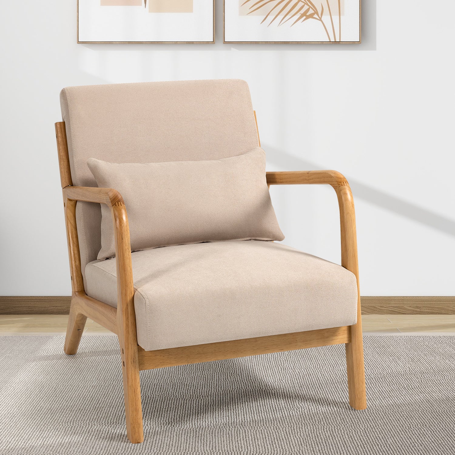 Leisure Chair With Solid Wood Armrest And Feet, Mid Century Modern Accent Sofa,1 Seat Beige Linen
