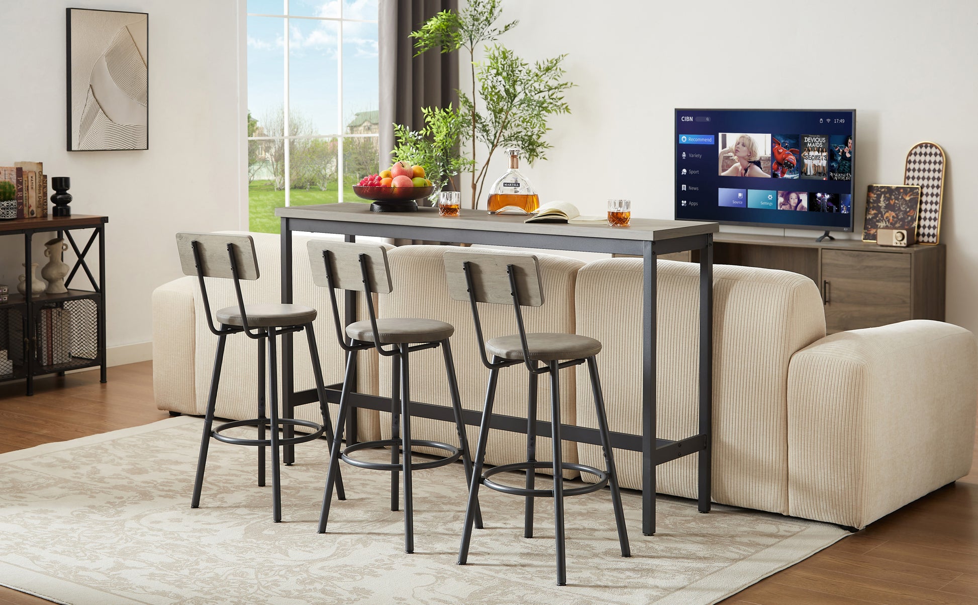 Long Bar Table Set With 3 Pu Upholstered Bar Stools, Industrial Bar Table And Chairs For Kitchen Breakfast Table, Living Room, Banquet Hall, Rustic Gray And Black, 63 L X15.7"W X 37.5"H Gray Particle Board