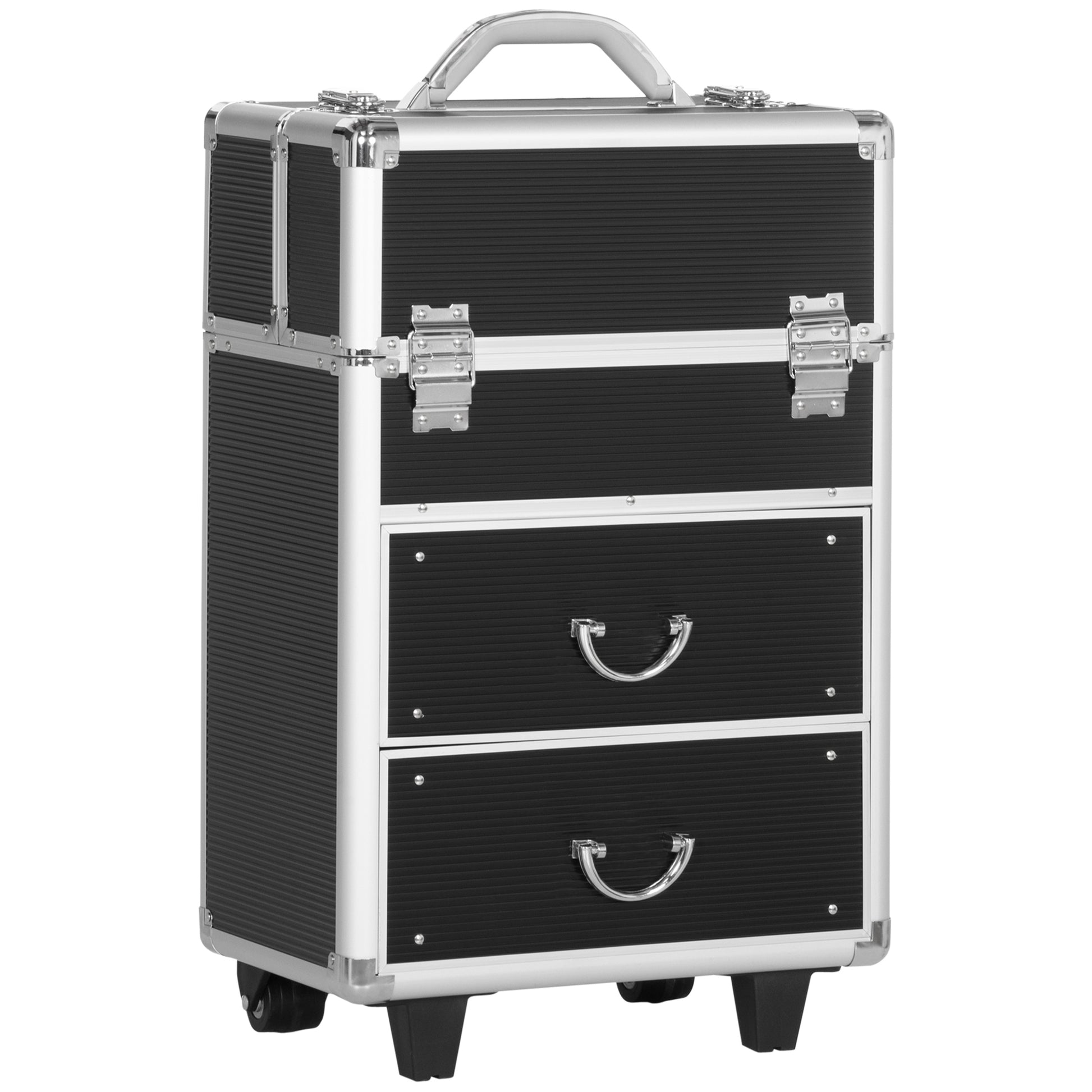 Homcom Rolling Makeup Train Case, Large Storage Cosmetic Trolley, Lockable Traveling Cart Trunk With Folding Trays, Swivel Wheels And Keys, Black Black Mdf