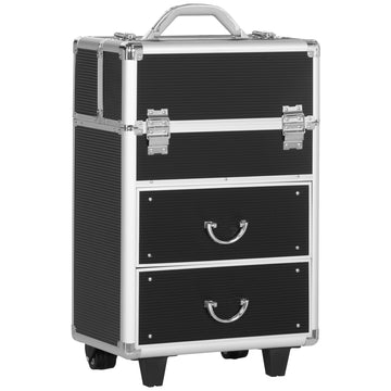 Homcom Rolling Makeup Train Case, Large Storage Cosmetic Trolley, Lockable Traveling Cart Trunk With Folding Trays, Swivel Wheels And Keys, Black Black Mdf