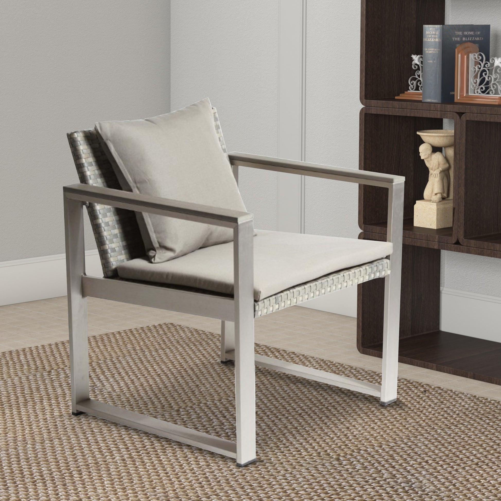 Exquisitly Aluminum Upholstered Cushioned Chair With Rattan, Gray Taupe Gray Rattan Metal