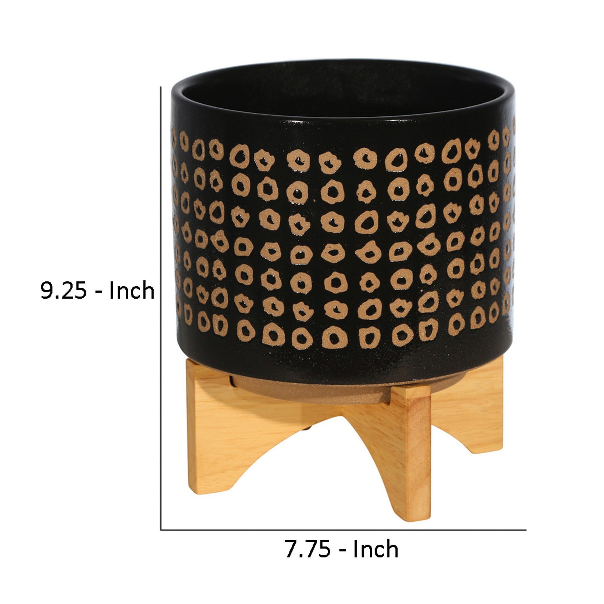 9 Inch Ceramic Round Planter, Wood Stand, Circular Pattern, Medium, Black Black Ceramic Mdf