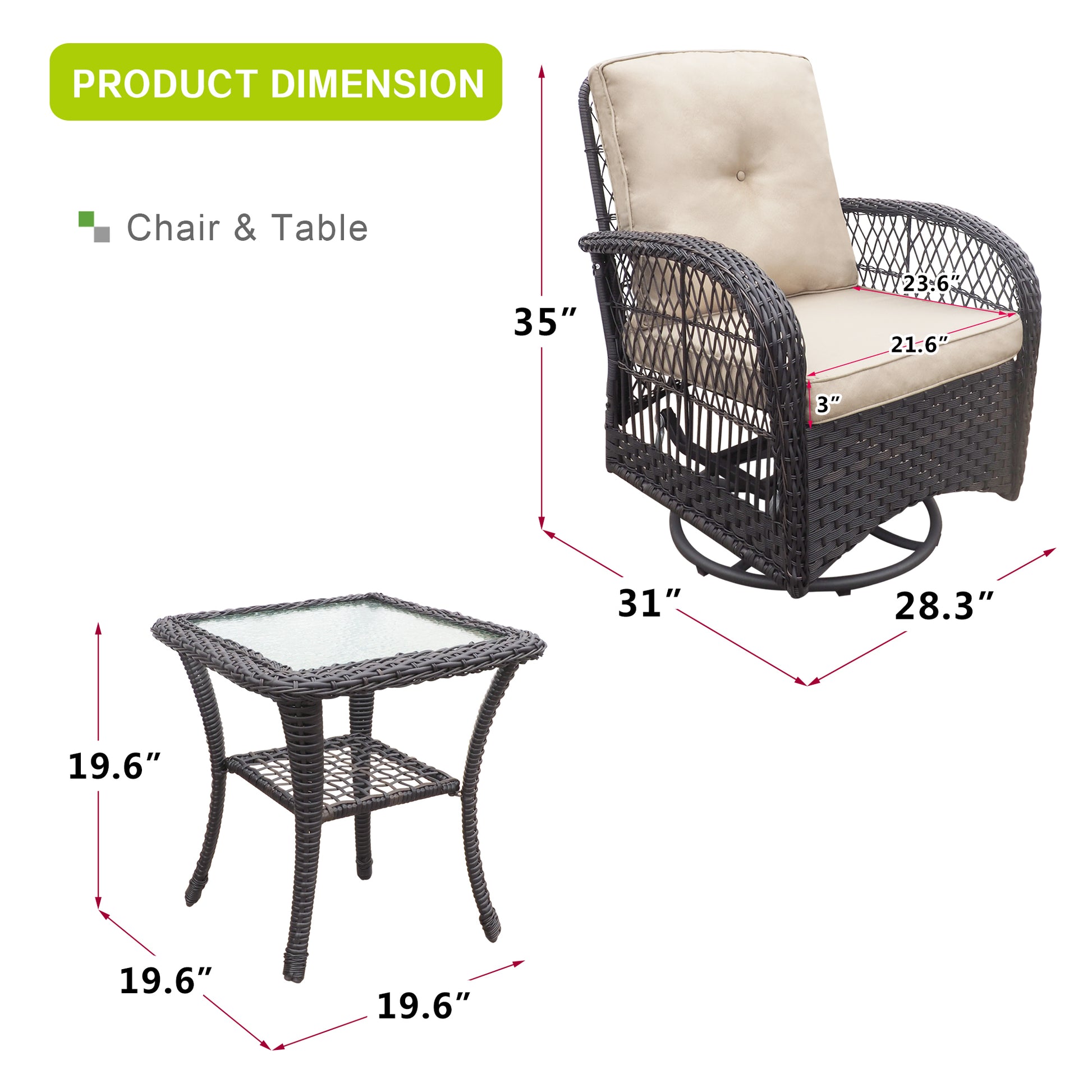 3 Pieces Conversation Set, Outdoor Wicker Rocker Swivel Patio Bistro Set, Rocking Chair With Glass Top Side Table,Khaki Yes Complete Patio Set Brown Rust Resistant Frame Water Resistant Cushion Garden & Outdoor Classic Complete Patio Sets Metal Metal