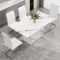 A Simple Dining Table. A Dining Table With A White Marble Pattern. 4 Pu Synthetic Leather High Backrest Cushioned Side Chairs With C Shaped Silver Metal Legs. Dt Sq 16090 Whc 1162 White Mdf