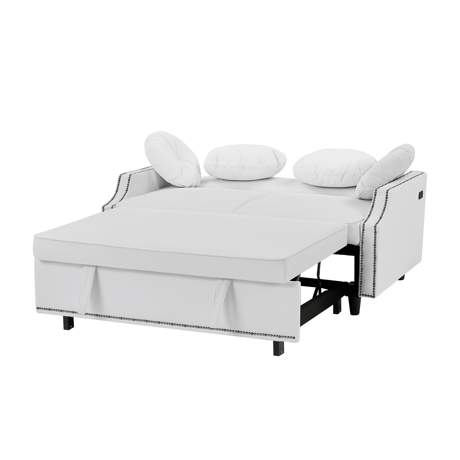 54.7" Multiple Adjustable Positions Sofa Bed Stylish Sofa Bed With A Button Tufted Backrest, Two Usb Ports And Four Floral Lumbar Pillows For Living Room, Bedroom,Or Small Space, Beige Beige Foam Polyester 2 Seat