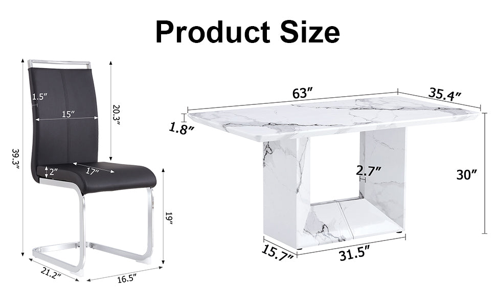 A Simple Dining Table. A Dining Table With A White Marble Pattern. 4 Pu Synthetic Leather High Backrest Cushioned Side Chairs With C Shaped Silver Metal Legs. Dt Sq 16090 Whc 1162 White Mdf