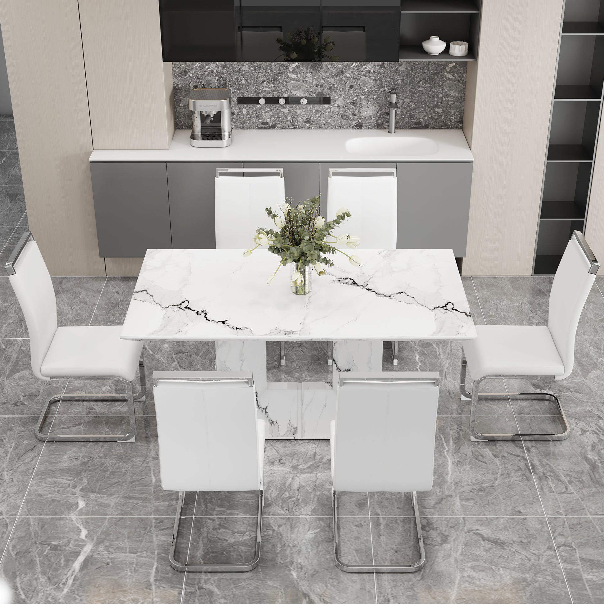 A Simple Dining Table. A Dining Table With A White Marble Pattern. 6 Pu Synthetic Leather High Backrest Cushioned Side Chairs With C Shaped Silver Metal Legs. Dt Sq 16090 Whc 1162 White Mdf