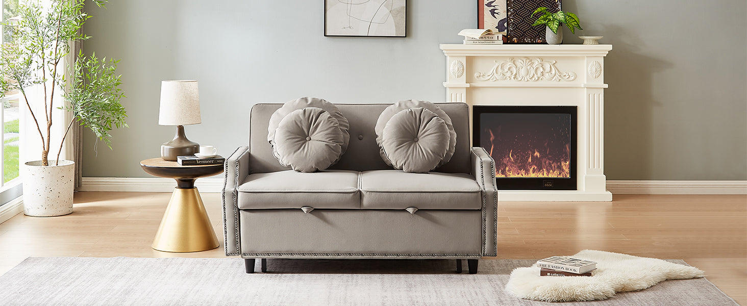 54.7" Multiple Adjustable Positions Sofa Bed Stylish Sofa Bed With A Button Tufted Backrest, Two Usb Ports And Four Floral Lumbar Pillows For Living Room, Bedroom,Or Small Space, Coffee Coffee Foam Polyester 2 Seat