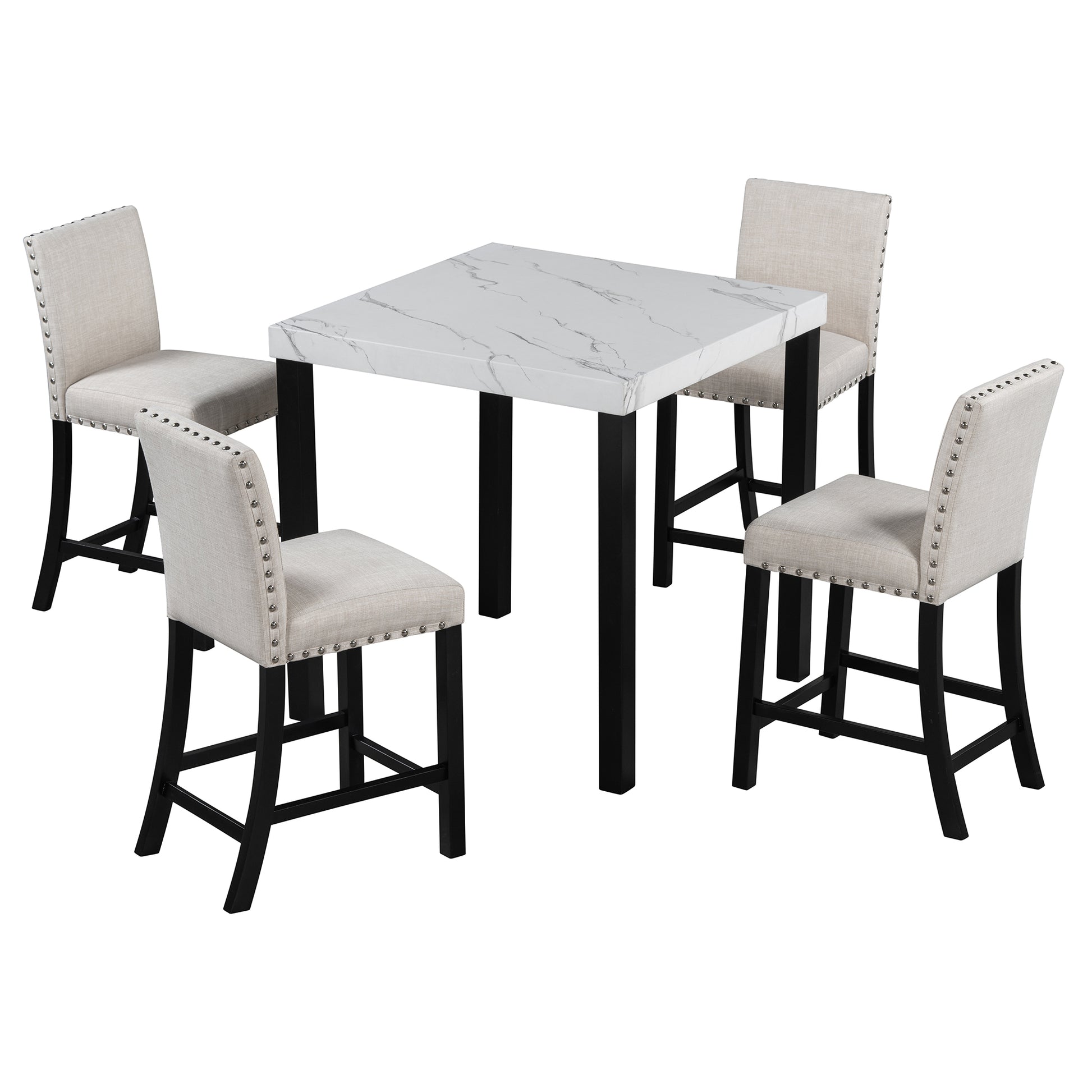 Five Piece Dining Set With Imitation Marble Tabletop, Restaurant Combination Set, Solid Wood Dining Table And 4 Chairs, Space Saving Combination Furniture For Kitchen And Dining Room. Black White Solid Wood Mdf