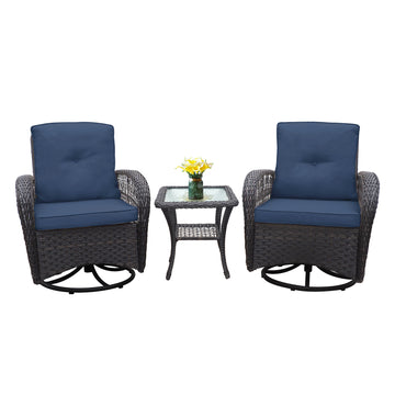 3 Pieces Conversation Set, Outdoor Wicker Rocker Swivel Patio Bistro Set, Rocking Chair With Glass Top Side Table,Navy Blue Yes Complete Patio Set Brown Rust Resistant Frame Water Resistant Cushion Garden & Outdoor Classic Complete Patio Sets Metal Metal