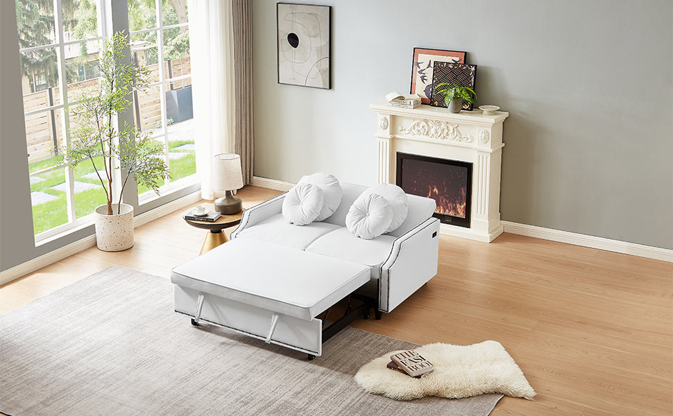 54.7" Multiple Adjustable Positions Sofa Bed Stylish Sofa Bed With A Button Tufted Backrest, Two Usb Ports And Four Floral Lumbar Pillows For Living Room, Bedroom,Or Small Space, Beige Beige Foam Polyester 2 Seat