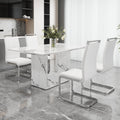 A Simple Dining Table. A Dining Table With A White Marble Pattern. 4 Pu Synthetic Leather High Backrest Cushioned Side Chairs With C Shaped Silver Metal Legs. Dt Sq 16090 Whc 1162 White Mdf