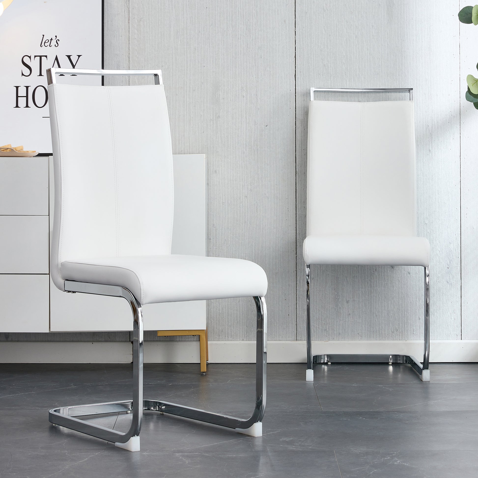 A Simple Dining Table. A Dining Table With A White Marble Pattern. 6 Pu Synthetic Leather High Backrest Cushioned Side Chairs With C Shaped Silver Metal Legs. Dt Sq 16090 Whc 1162 White Mdf