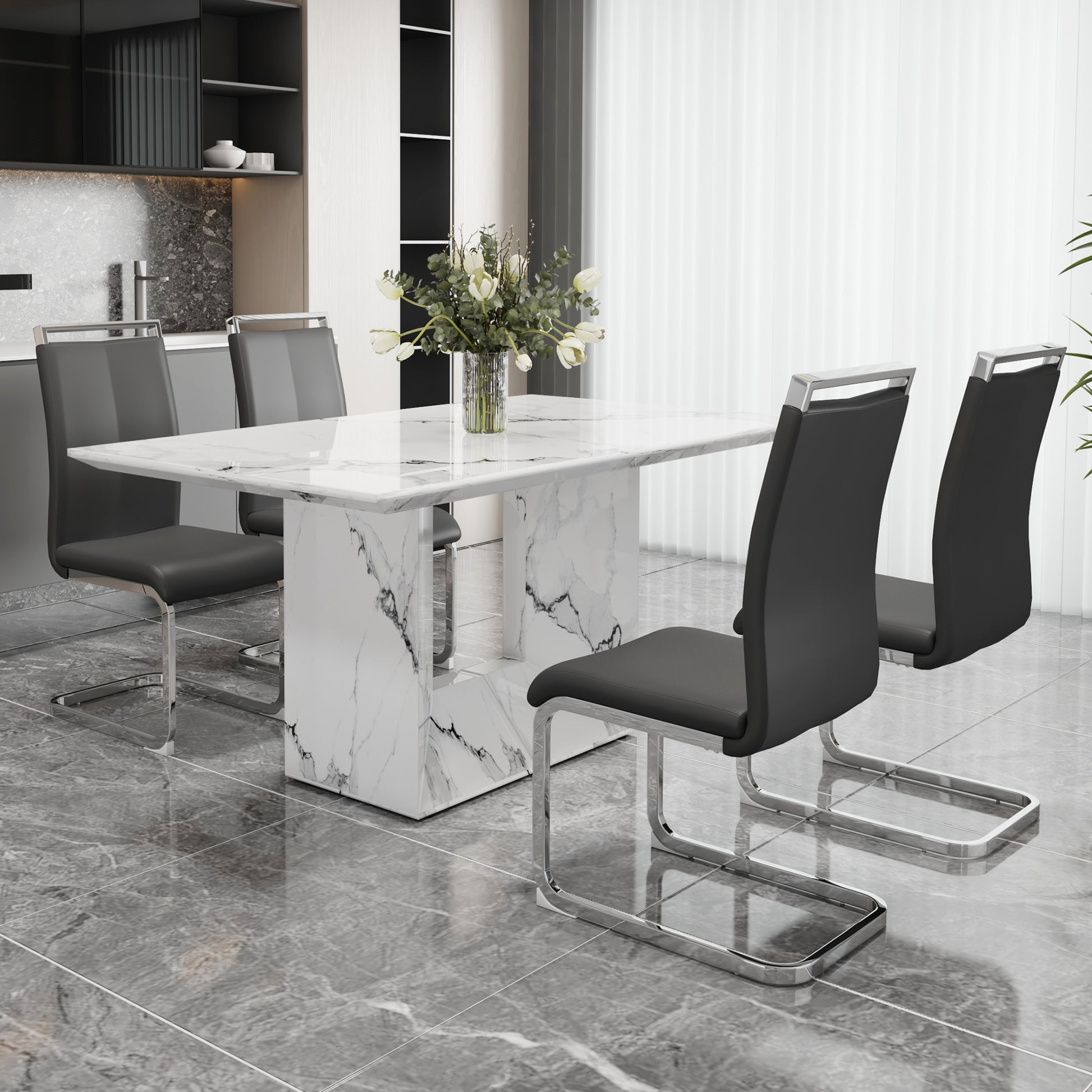 A Simple Dining Table. A Dining Table With A White Marble Pattern. 4 Pu Synthetic Leather High Backrest Cushioned Side Chairs With C Shaped Silver Metal Legs. Dt Sq 16090 Whc 1162 White Mdf