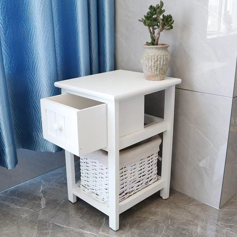 2Pcs Set Nightstands Bedroom, Simple Wooden Bedside Table Night Stand With Drawer And Storage Basket Household White White Solid Wood Mdf