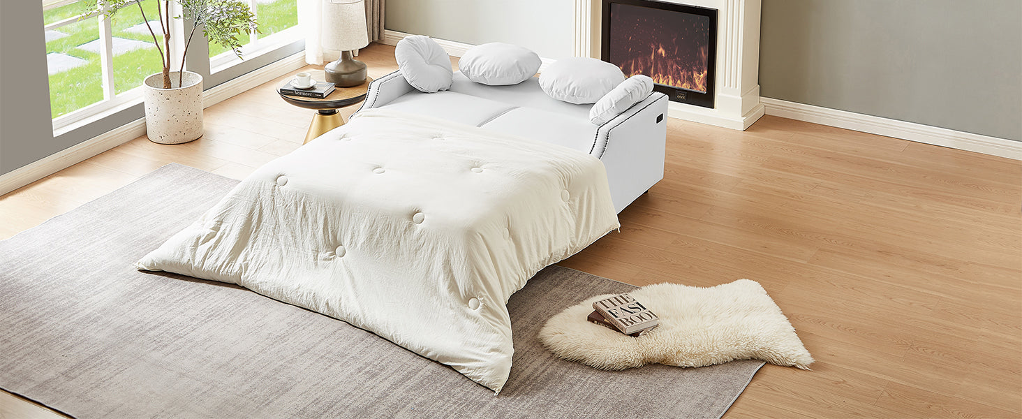 54.7" Multiple Adjustable Positions Sofa Bed Stylish Sofa Bed With A Button Tufted Backrest, Two Usb Ports And Four Floral Lumbar Pillows For Living Room, Bedroom,Or Small Space, Beige Beige Foam Polyester 2 Seat