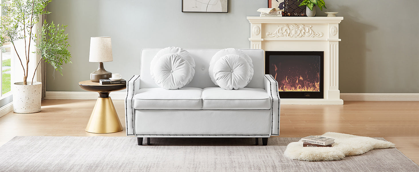 54.7" Multiple Adjustable Positions Sofa Bed Stylish Sofa Bed With A Button Tufted Backrest, Two Usb Ports And Four Floral Lumbar Pillows For Living Room, Bedroom,Or Small Space, Beige Beige Foam Polyester 2 Seat