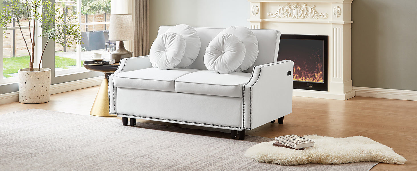 54.7" Multiple Adjustable Positions Sofa Bed Stylish Sofa Bed With A Button Tufted Backrest, Two Usb Ports And Four Floral Lumbar Pillows For Living Room, Bedroom,Or Small Space, Beige Beige Foam Polyester 2 Seat