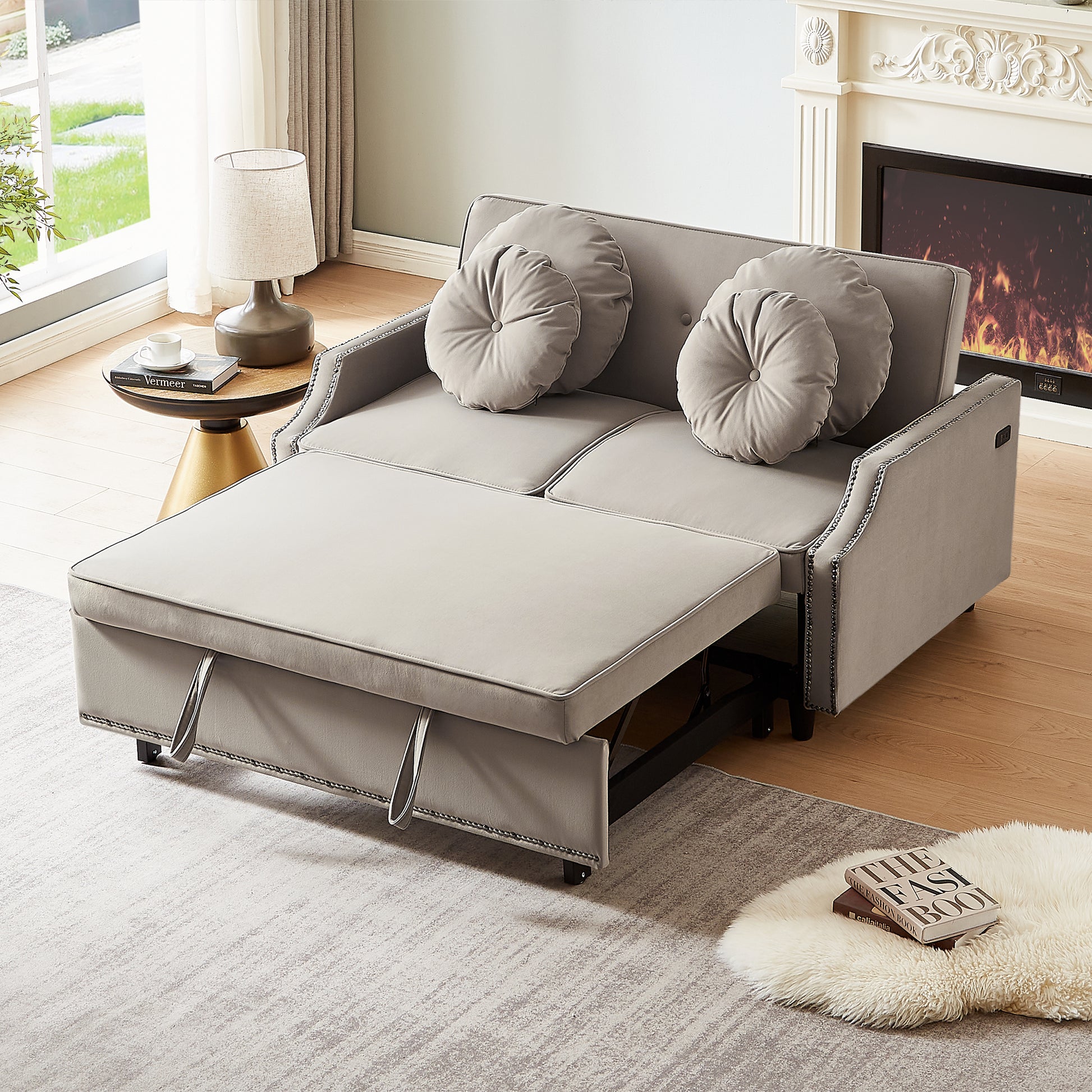54.7" Multiple Adjustable Positions Sofa Bed Stylish Sofa Bed With A Button Tufted Backrest, Two Usb Ports And Four Floral Lumbar Pillows For Living Room, Bedroom,Or Small Space, Coffee Coffee Foam Polyester 2 Seat