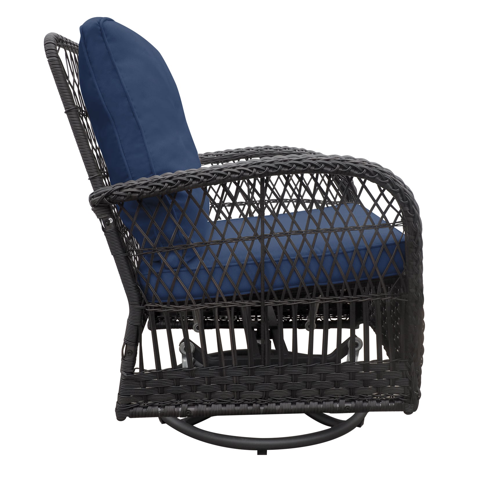 3 Pieces Conversation Set, Outdoor Wicker Rocker Swivel Patio Bistro Set, Rocking Chair With Glass Top Side Table,Navy Blue Yes Complete Patio Set Brown Rust Resistant Frame Water Resistant Cushion Garden & Outdoor Classic Complete Patio Sets Metal Metal